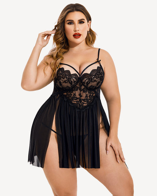 Plus Size Lace Babydoll with V-Neck and Side Slit