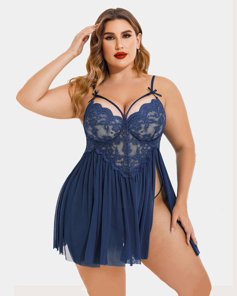 Plus Size Lace Babydoll with V-Neck and Side Slit