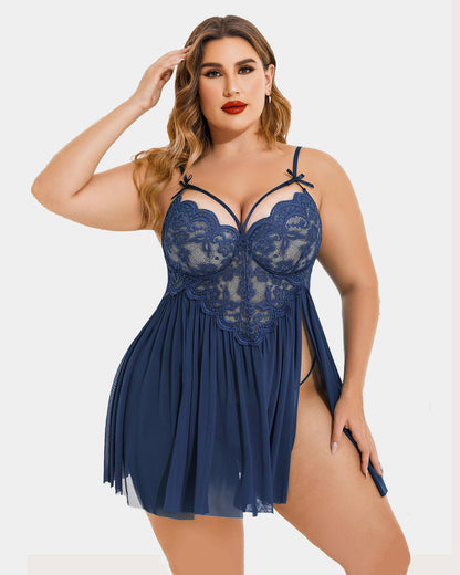 Plus Size Lace Babydoll with V-Neck and Side Slit