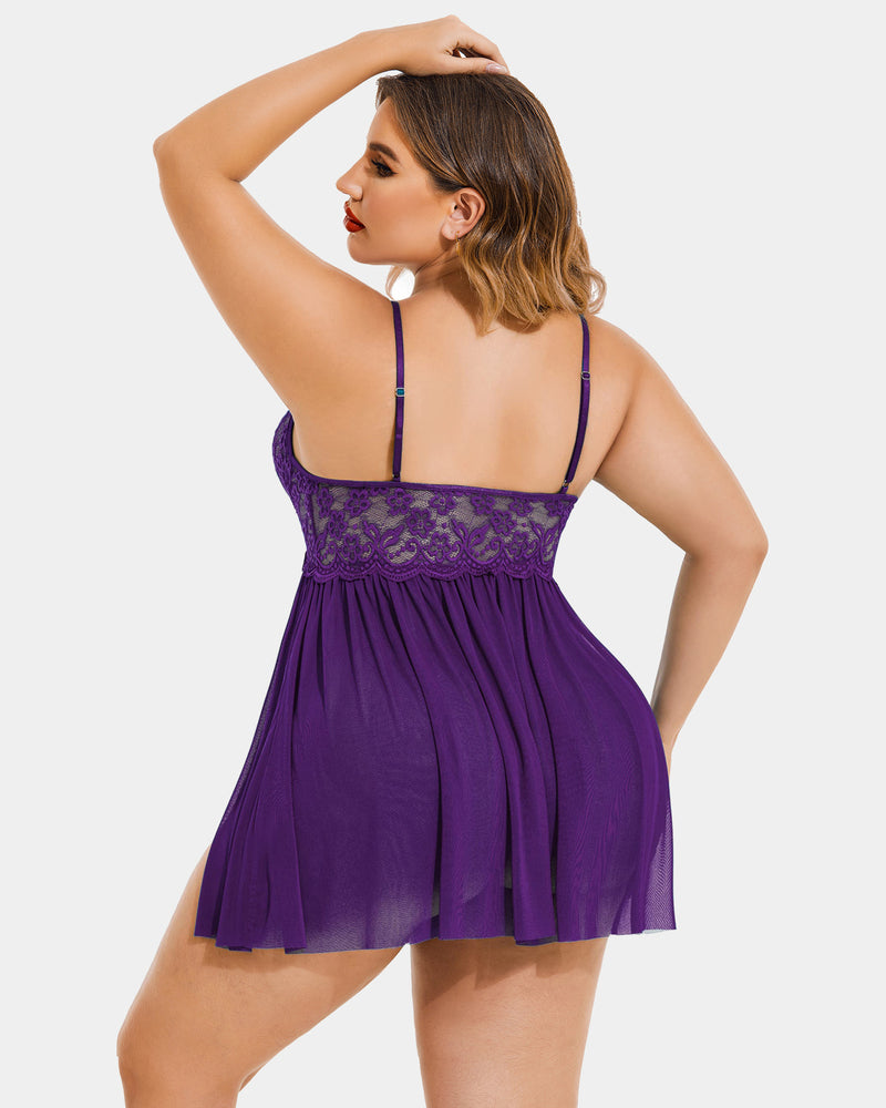 Plus Size Lace Babydoll with V-Neck and Side Slit