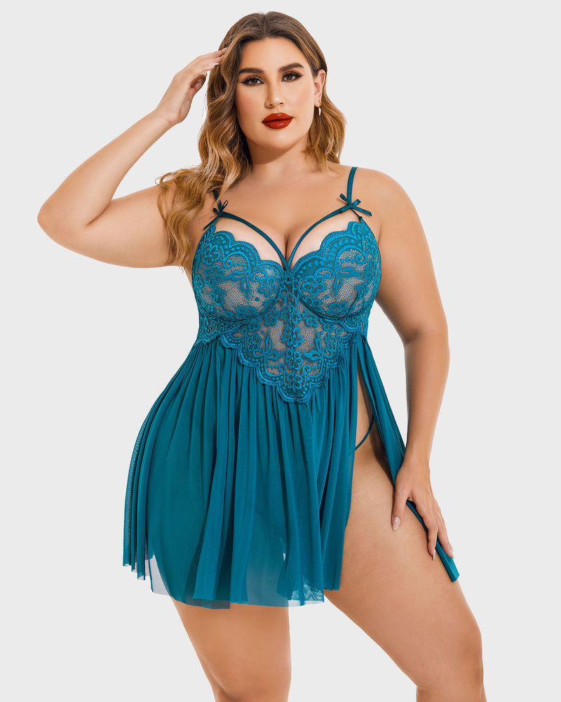Plus Size Lace Babydoll with V-Neck and Side Slit