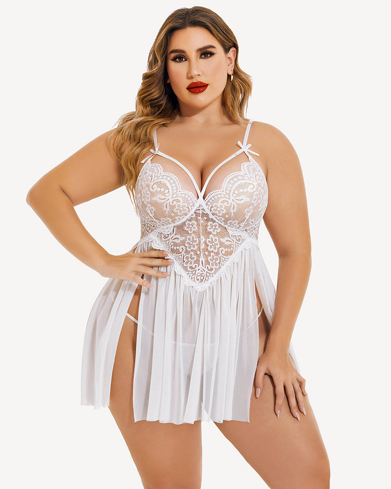 Plus Size Lace Babydoll with V-Neck and Side Slit