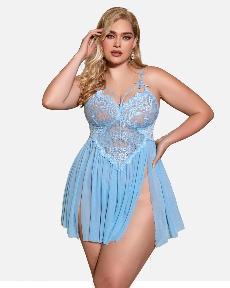 Plus Size Lace Babydoll with V-Neck and Side Slit
