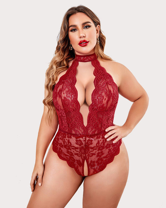 Plus Size Lace Halter Teddy with Deep V-Neck and Open Back