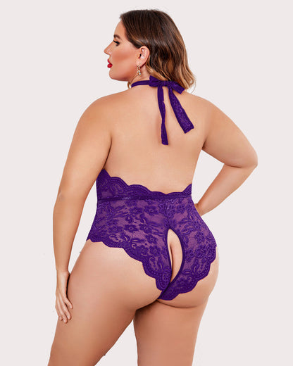 Plus Size Lace Halter Teddy with Deep V-Neck and Open Back