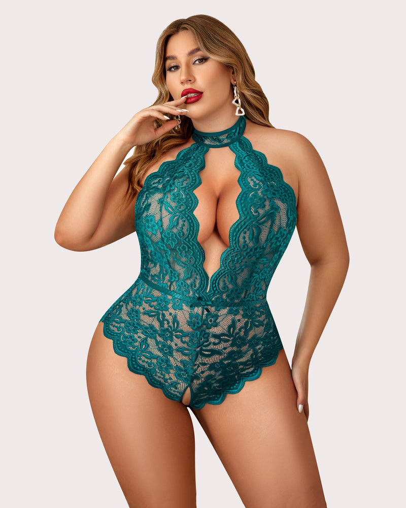 Plus Size Lace Halter Teddy with Deep V-Neck and Open Back
