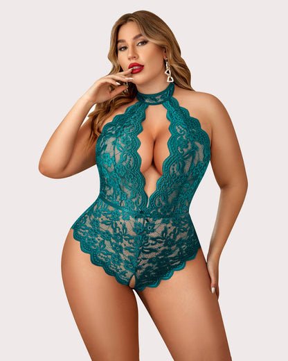 Plus Size Lace Halter Teddy with Deep V-Neck and Open Back