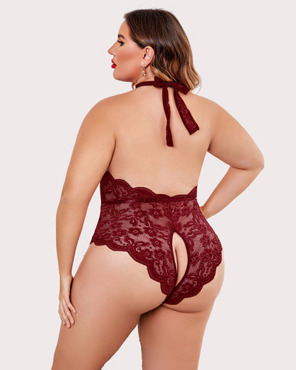 Plus Size Lace Halter Teddy with Deep V-Neck and Open Back