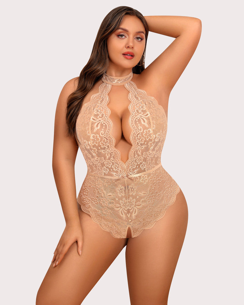Plus Size Lace Halter Teddy with Deep V-Neck and Open Back