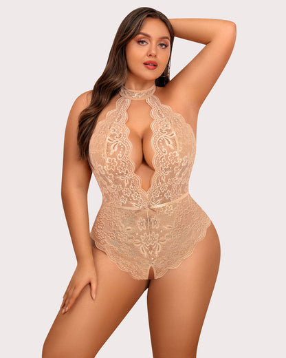 Plus Size Lace Halter Teddy with Deep V-Neck and Open Back