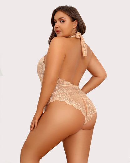Plus Size Lace Halter Teddy with Deep V-Neck and Open Back