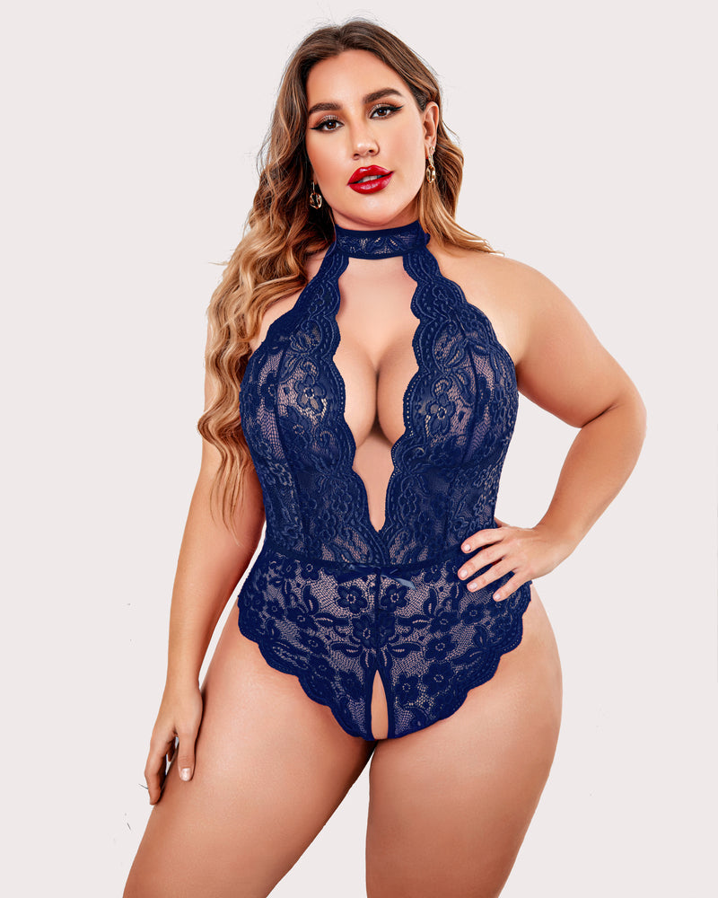 Plus Size Lace Halter Teddy with Deep V-Neck and Open Back