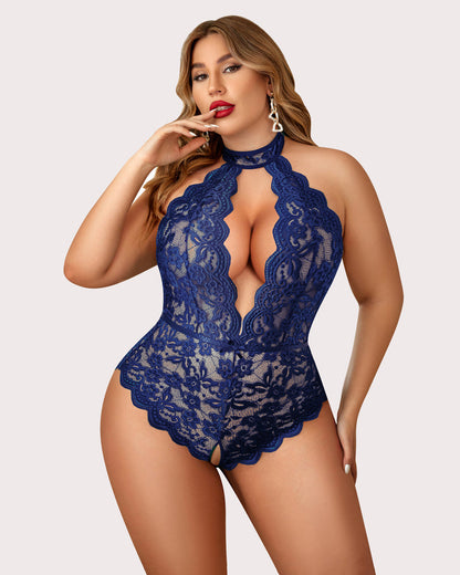 Plus Size Lace Halter Teddy with Deep V-Neck and Open Back