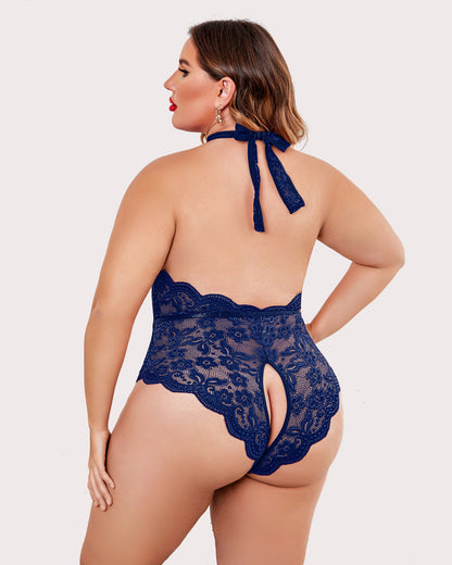 Plus Size Lace Halter Teddy with Deep V-Neck and Open Back
