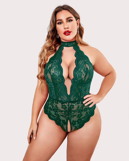 Plus Size Lace Halter Teddy with Deep V-Neck and Open Back