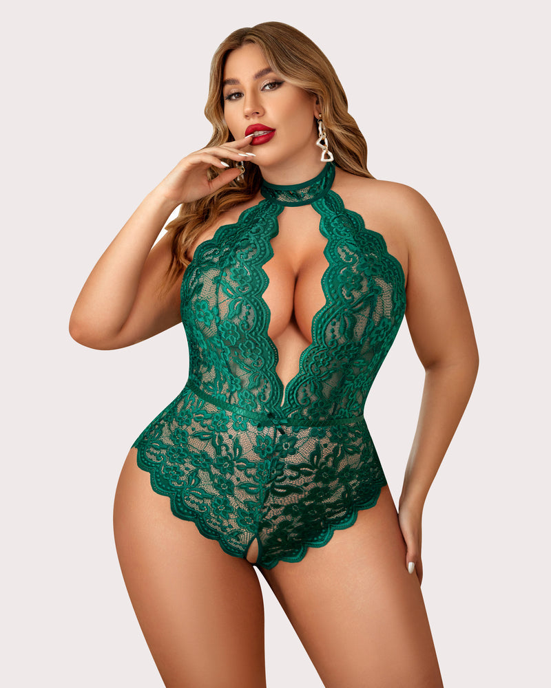 Plus Size Lace Halter Teddy with Deep V-Neck and Open Back