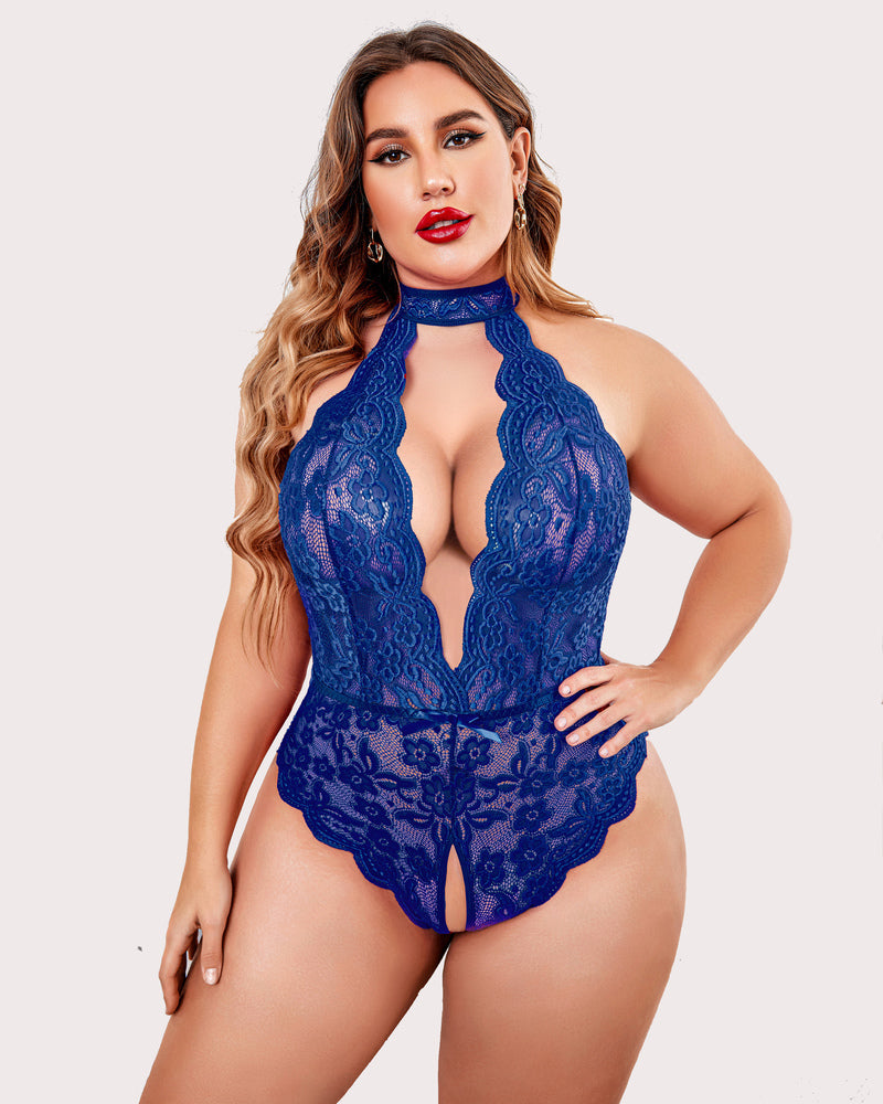 Plus Size Lace Halter Teddy with Deep V-Neck and Open Back
