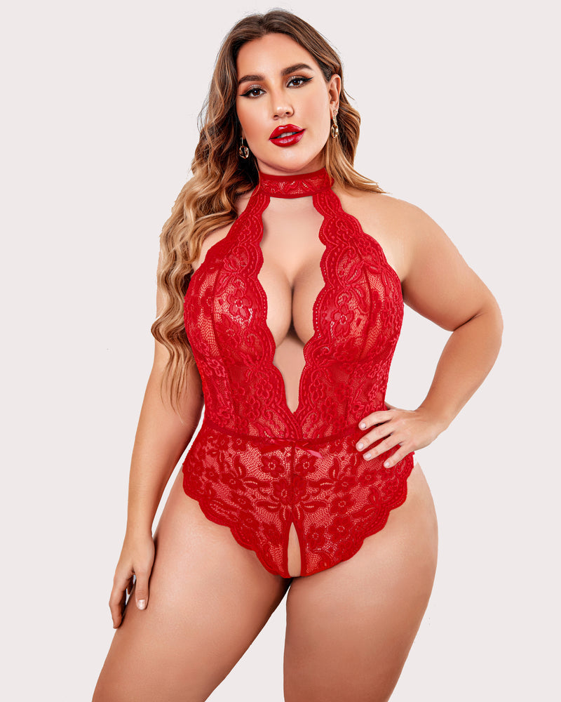 Plus Size Lace Halter Teddy with Deep V-Neck and Open Back