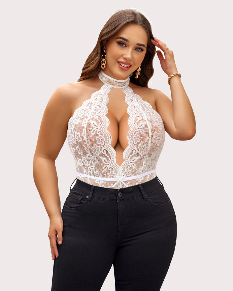 Plus Size Lace Halter Teddy with Deep V-Neck and Open Back