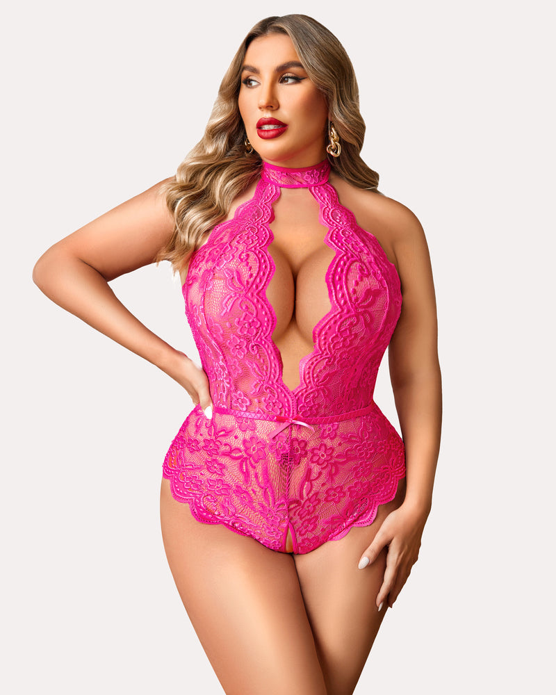 Plus Size Lace Halter Teddy with Deep V-Neck and Open Back