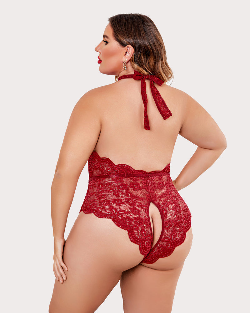 Plus Size Lace Halter Teddy with Deep V-Neck and Open Back
