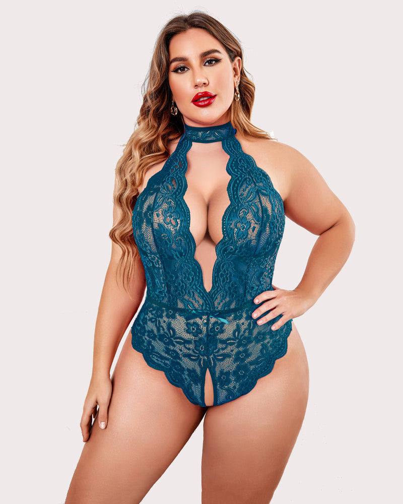 Plus Size Lace Halter Teddy with Deep V-Neck and Open Back