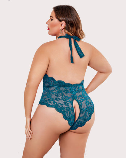 Plus Size Lace Halter Teddy with Deep V-Neck and Open Back