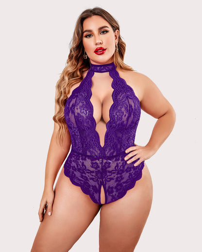 Plus Size Lace Halter Teddy with Deep V-Neck and Open Back
