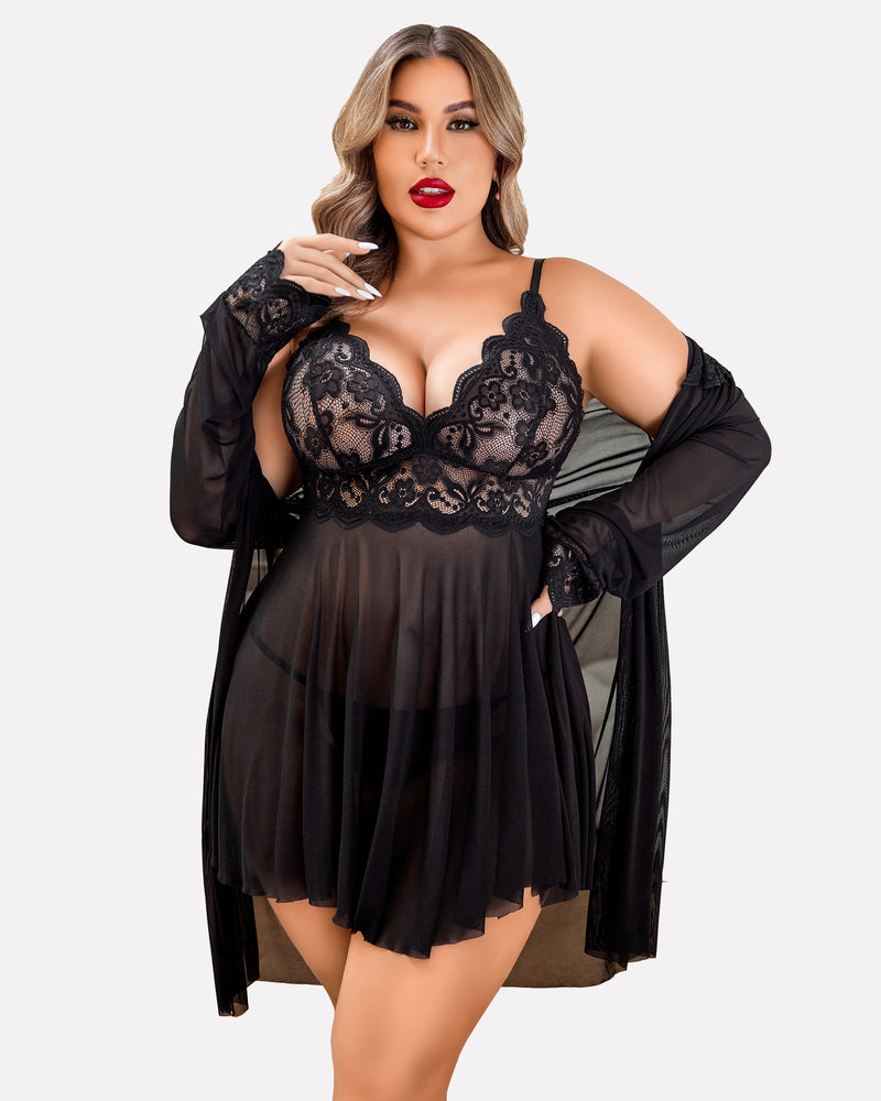 Plus Size Lace Nightgown and Mesh Robe Set with Deep V-Neck