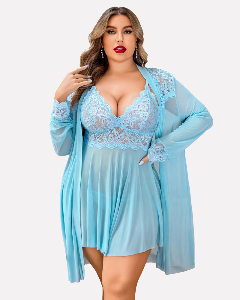 Plus Size Lace Nightgown and Mesh Robe Set with Deep V-Neck