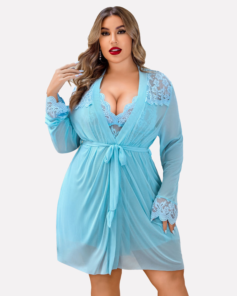 Plus Size Lace Nightgown and Mesh Robe Set with Deep V-Neck