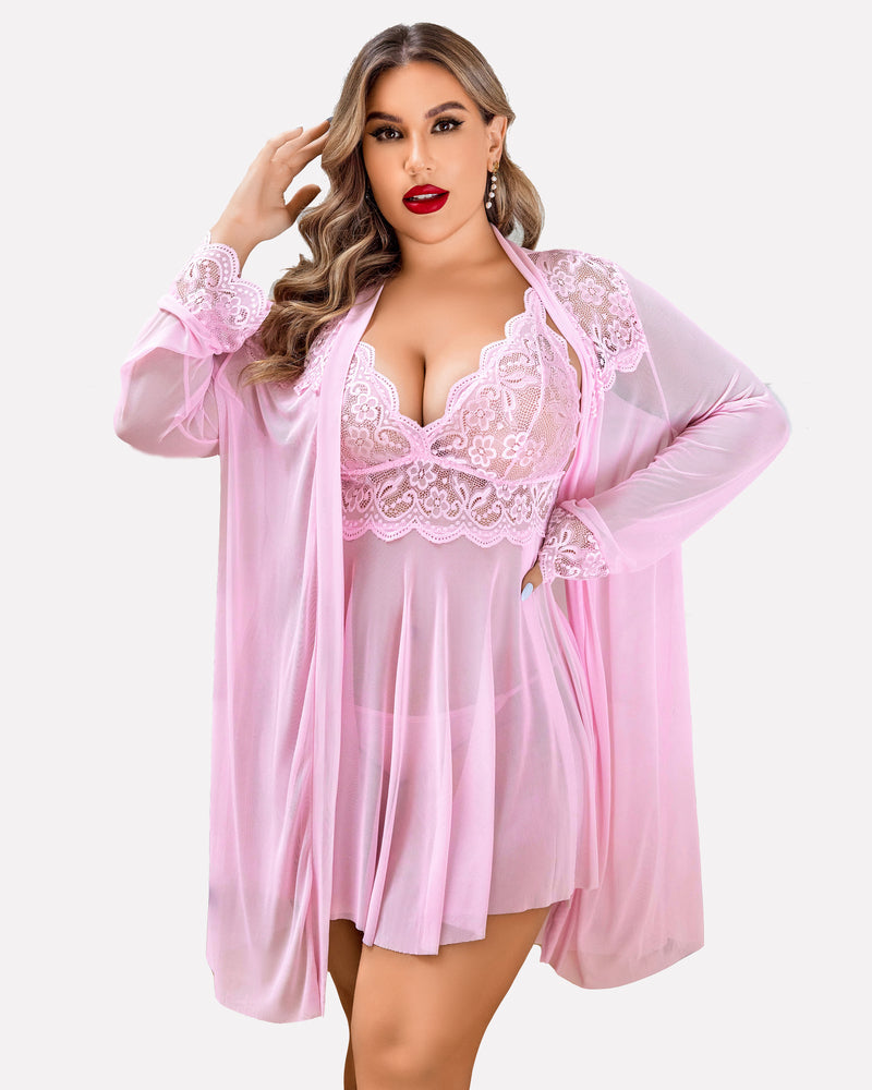Plus Size Lace Nightgown and Mesh Robe Set with Deep V-Neck