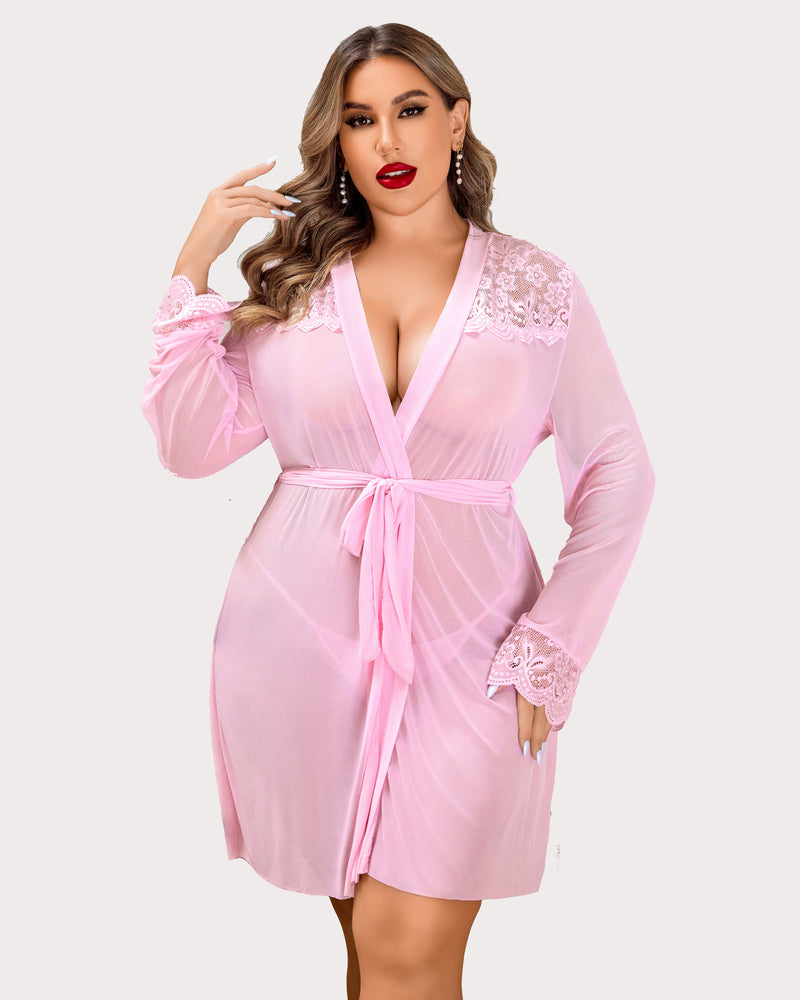 Plus Size Lace Nightgown and Mesh Robe Set with Deep V-Neck