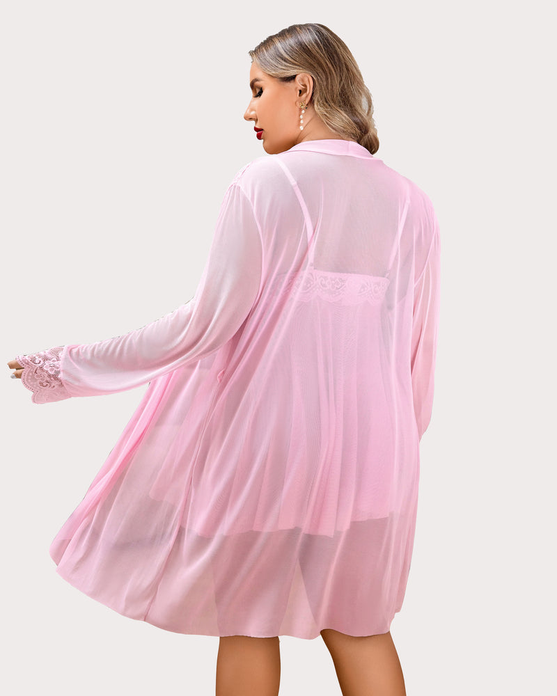 Plus Size Lace Nightgown and Mesh Robe Set with Deep V-Neck