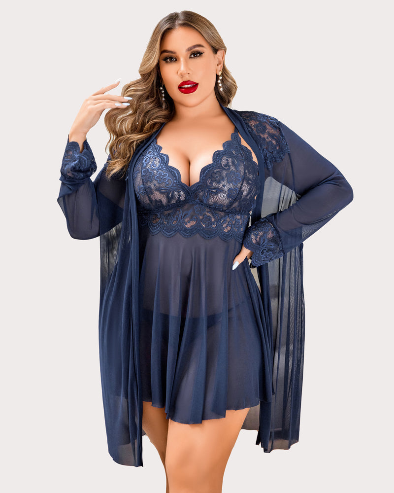 Plus Size Lace Nightgown and Mesh Robe Set with Deep V-Neck
