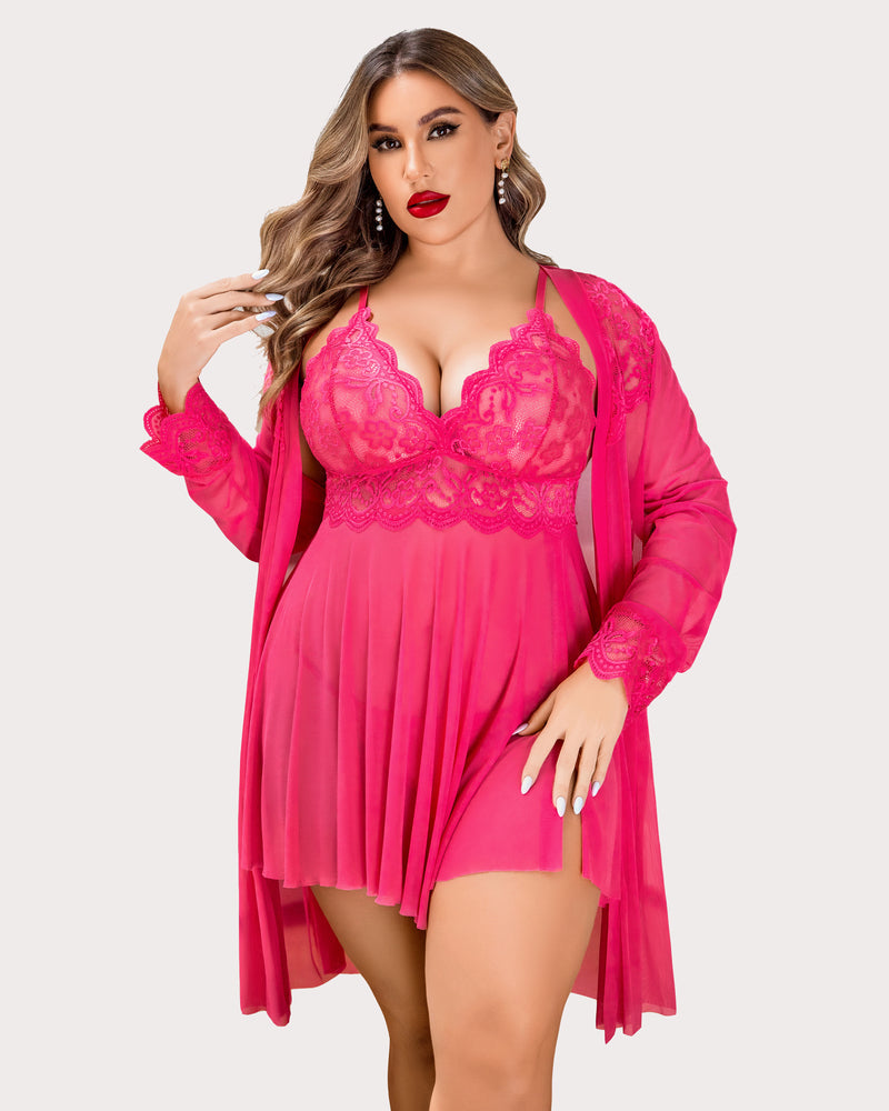 Plus Size Lace Nightgown and Mesh Robe Set with Deep V-Neck