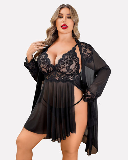 Plus Size Lace Nightgown and Mesh Robe Set with Deep V-Neck
