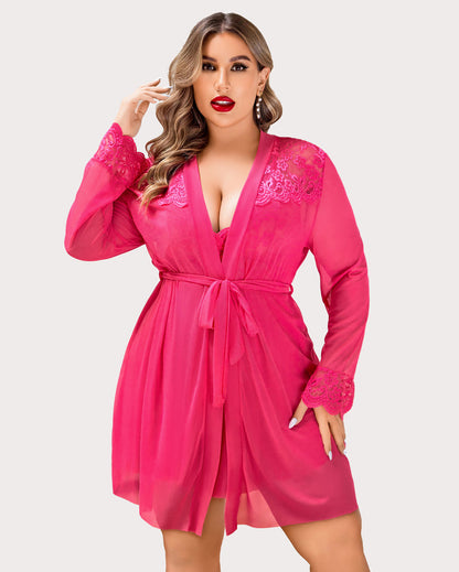 Plus Size Lace Nightgown and Mesh Robe Set with Deep V-Neck