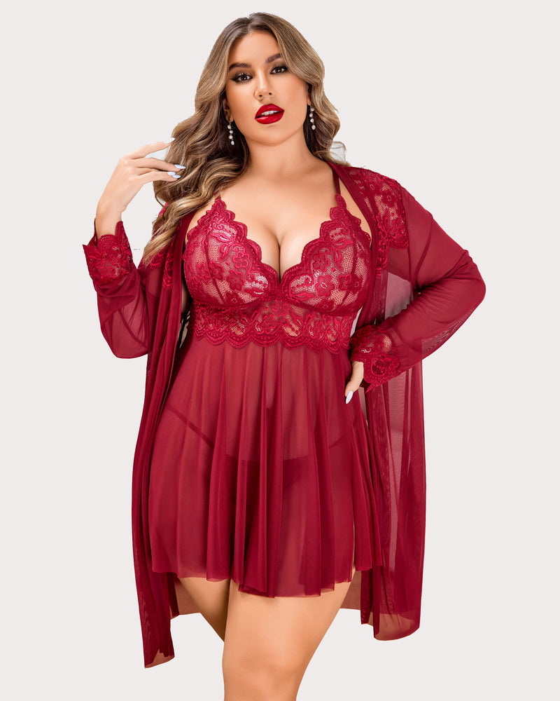 Plus Size Lace Nightgown and Mesh Robe Set with Deep V-Neck