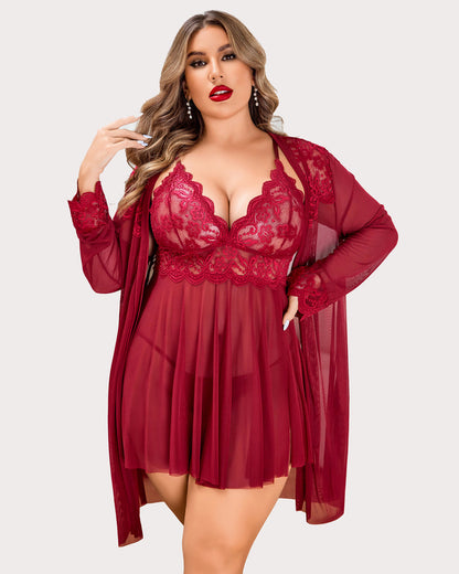 Plus Size Lace Nightgown and Mesh Robe Set with Deep V-Neck