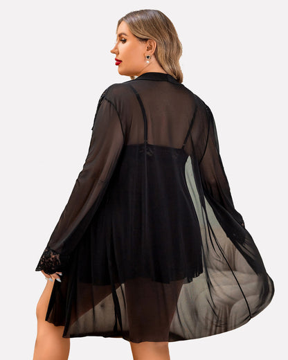Plus Size Lace Nightgown and Mesh Robe Set with Deep V-Neck