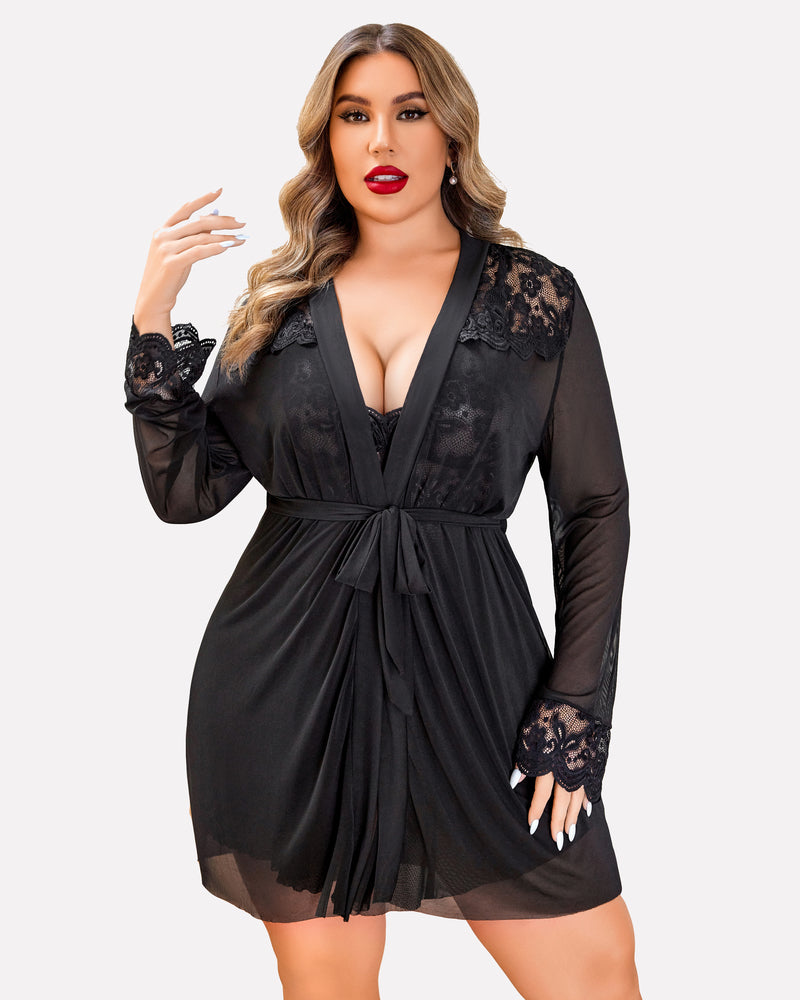 Plus Size Lace Nightgown and Mesh Robe Set with Deep V-Neck
