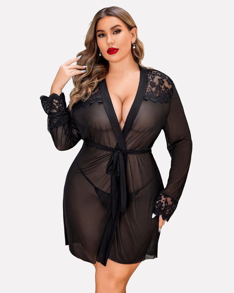 Plus Size Lace Nightgown and Mesh Robe Set with Deep V-Neck