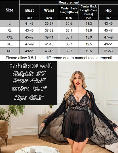 Plus Size Lace Nightgown and Mesh Robe Set with Deep V-Neck