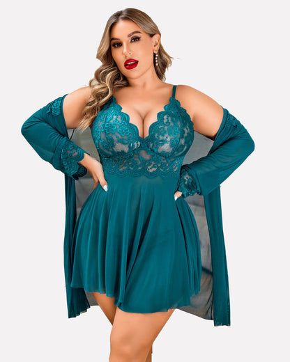 Plus Size Lace Nightgown and Mesh Robe Set with Deep V-Neck
